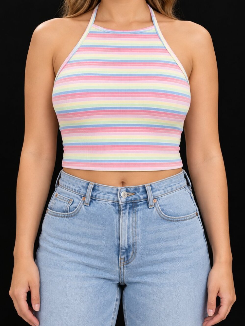 Women's Rainbow Stripe Halter Bikini Top, XXL